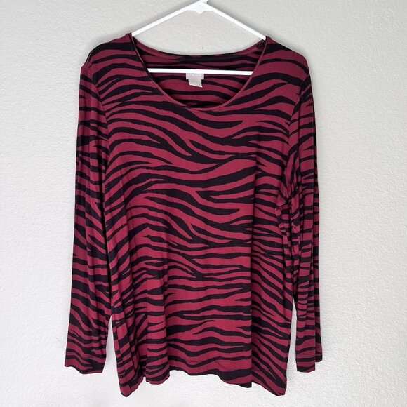 Chicos Womens Size 3 Black Red Animal Print Long Sleeve Top Blouse - Picture 1 of 6